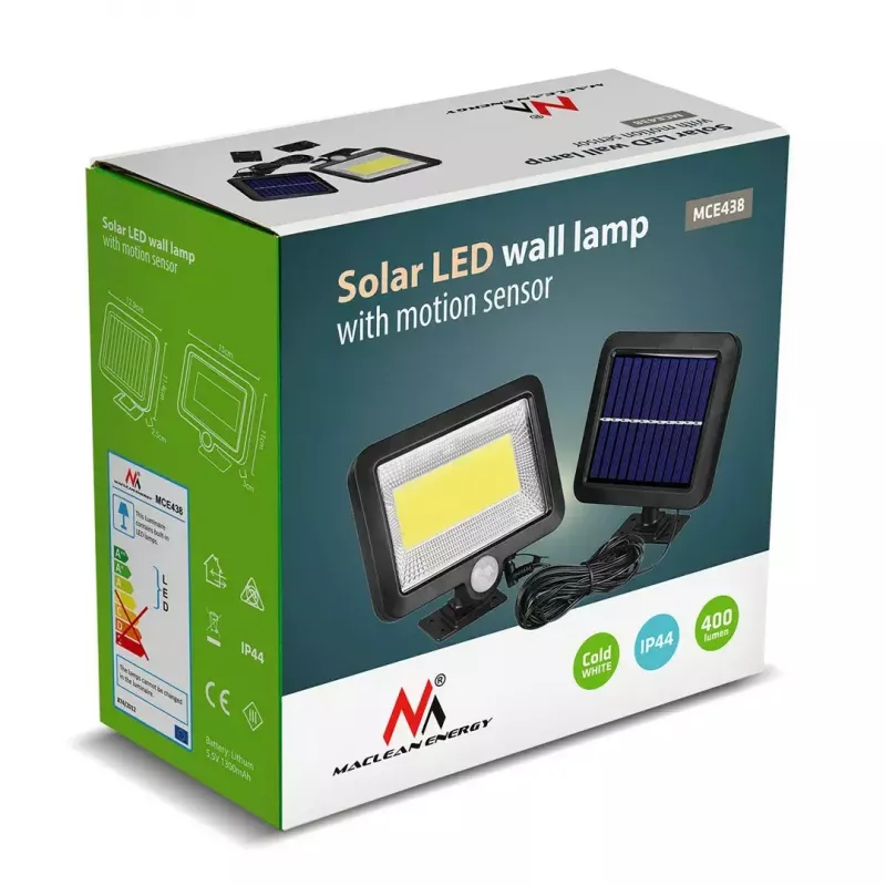 Outdoor solar LED floodlight MACLEAN MCE438, 5W, 400 lm, IP44, Li-Ion 5.2V, wall-mounted, white light, black