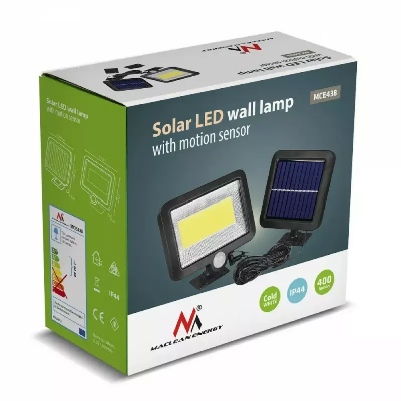 Outdoor solar LED floodlight MACLEAN MCE438, 5W, 400 lm, IP44, Li-Ion 5.2V, wall-mounted, white light, black