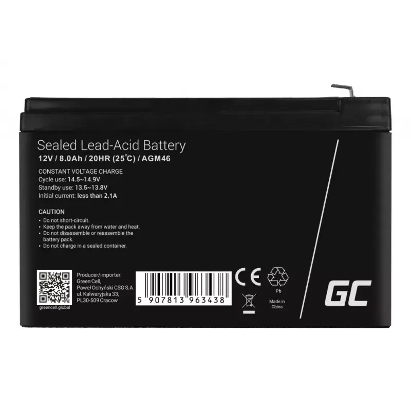 Rechargeable 12V Sealed Lead Acid Battery Green Cell AGM46, 8000 mAh, 2.15 kg, VRLA