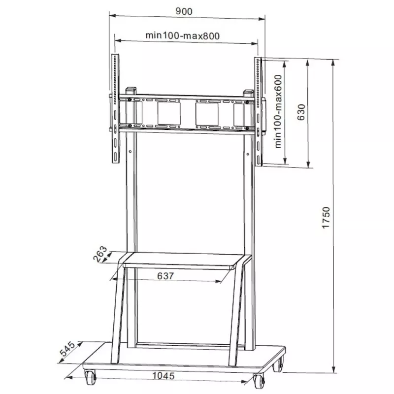 Portable flat panel floor stand TECHLY Signage Display Mount ICA-TR30 — for 55 inch–100 inch screens, VESA 1200x600, max load 150 kg, wheels, black