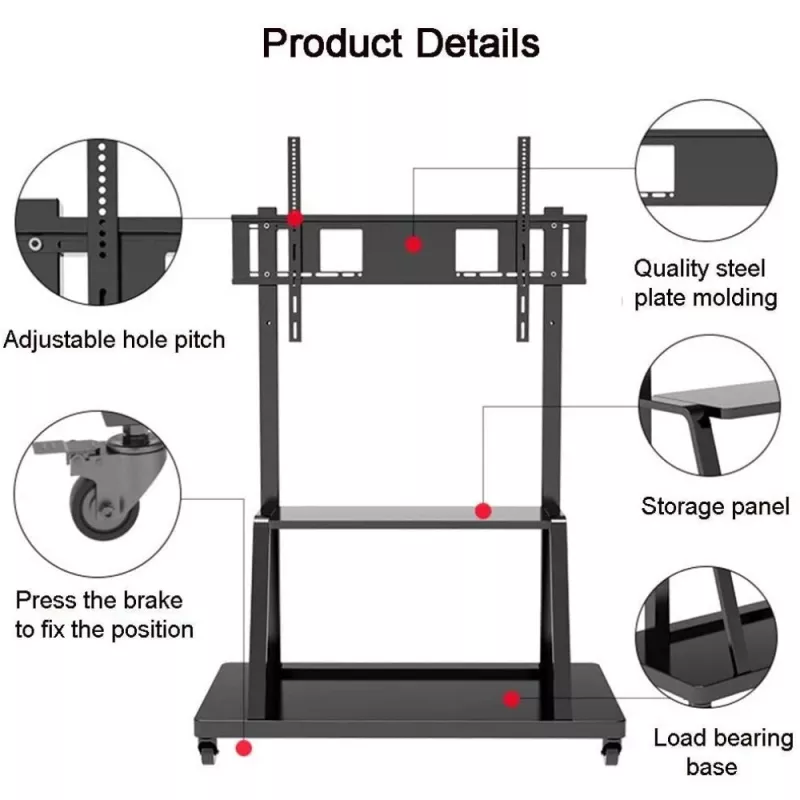 Portable flat panel floor stand TECHLY Signage Display Mount ICA-TR30 — for 55 inch–100 inch screens, VESA 1200x600, max load 150 kg, wheels, black