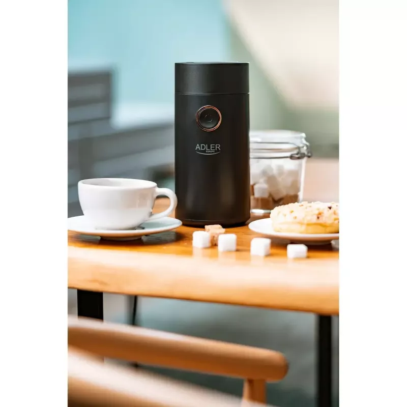 Burr coffee grinder Adler AD 4446bg — 150 W, 75 g bean hopper, stainless steel burrs, button control, black