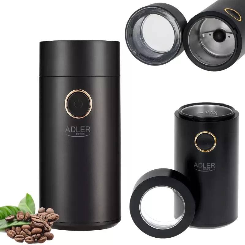 Burr coffee grinder Adler AD 4446bg — 150 W, 75 g bean hopper, stainless steel burrs, button control, black