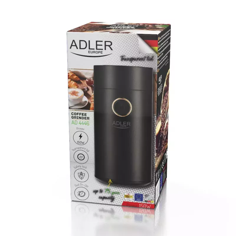 Burr coffee grinder Adler AD 4446bg — 150 W, 75 g bean hopper, stainless steel burrs, button control, black