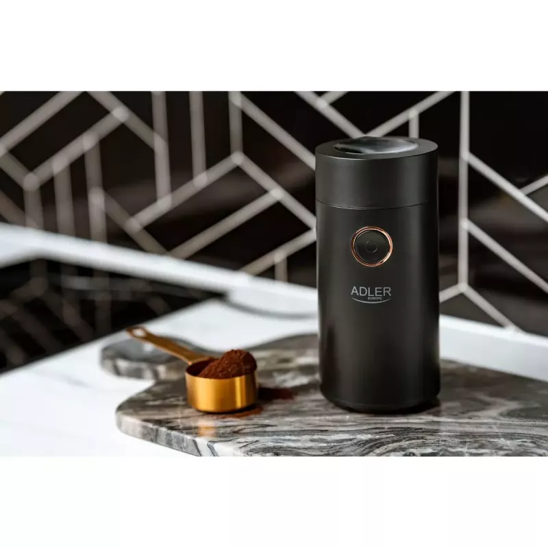 Burr coffee grinder Adler AD 4446bg — 150 W, 75 g bean hopper, stainless steel burrs, button control, black