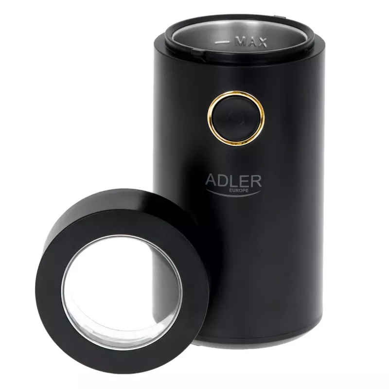 Burr coffee grinder Adler AD 4446bg — 150 W, 75 g bean hopper, stainless steel burrs, button control, black