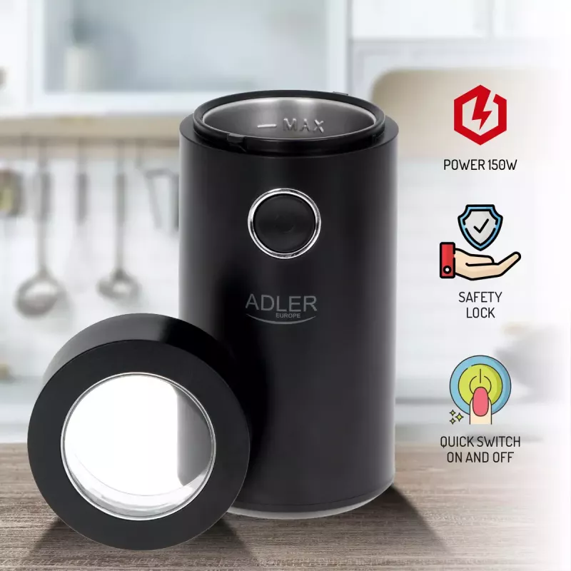 Burr grinder Adler AD4446BS — 150 W, stainless steel burrs, 75 g bean hopper, black