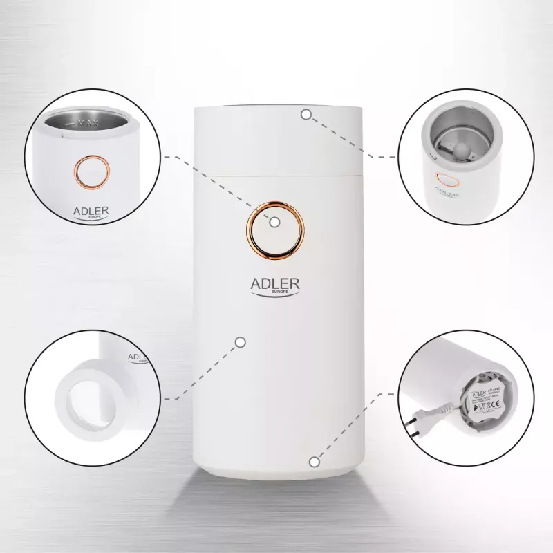 Burr grinder Adler AD4446WG — electric coffee grinder, stainless steel burrs, 75 g hopper, 150 W, white