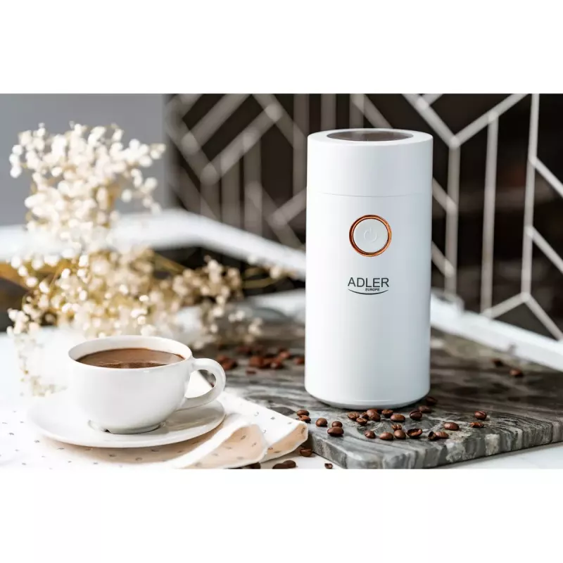 Burr grinder Adler AD4446WG — electric coffee grinder, stainless steel burrs, 75 g hopper, 150 W, white