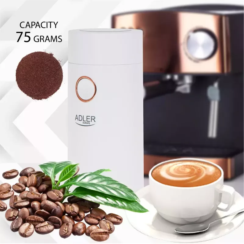 Burr grinder Adler AD4446WG — electric coffee grinder, stainless steel burrs, 75 g hopper, 150 W, white