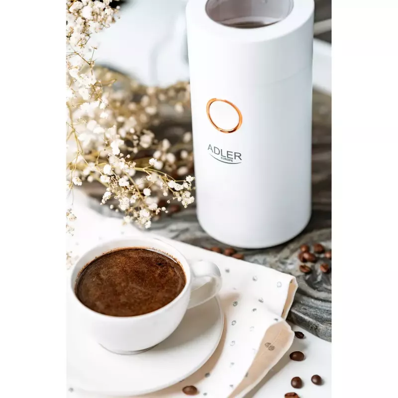 Burr grinder Adler AD4446WG — electric coffee grinder, stainless steel burrs, 75 g hopper, 150 W, white