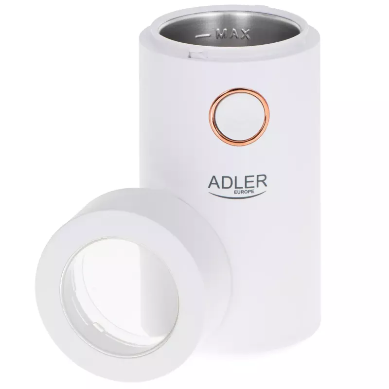 Burr grinder Adler AD4446WG — electric coffee grinder, stainless steel burrs, 75 g hopper, 150 W, white