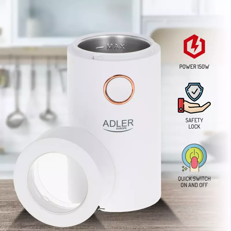 Burr grinder Adler AD4446WG — electric coffee grinder, stainless steel burrs, 75 g hopper, 150 W, white