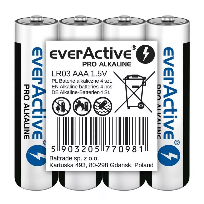 Alkaline AAA batteries everActive LR03PRO4T — 4 pcs, 1.5 V, 1250 mAh, 44.5×10.5 mm