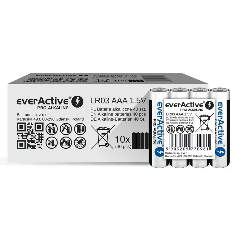 Alkaline AAA batteries everActive LR03PRO4T — 4 pcs, 1.5 V, 1250 mAh, 44.5×10.5 mm
