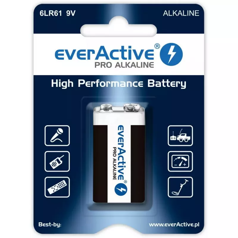 9V alkaline battery everActive EV6LR61-PRO, 9 V, 650 mAh, 26.4×48.5×16 mm, 1 pc