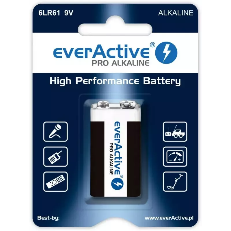 9V alkaline battery everActive EV6LR61-PRO, 9 V, 650 mAh, 26.4×48.5×16 mm, 1 pc