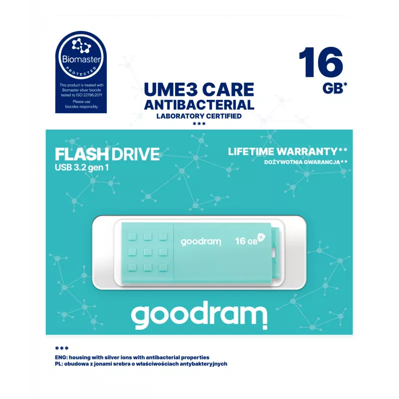 USB flash drive GOODRAM UME3 CARE 16 GB USB Type-A 3.2 Gen 1 (read 60 MB/s, write 20 MB/s) turquoise