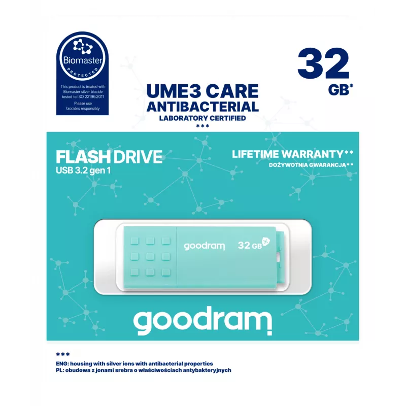 USB flash drive GOODRAM UME3 32 GB USB Type-A 3.2 Gen 1 — turquoise, 60 MB/s read, 20 MB/s write