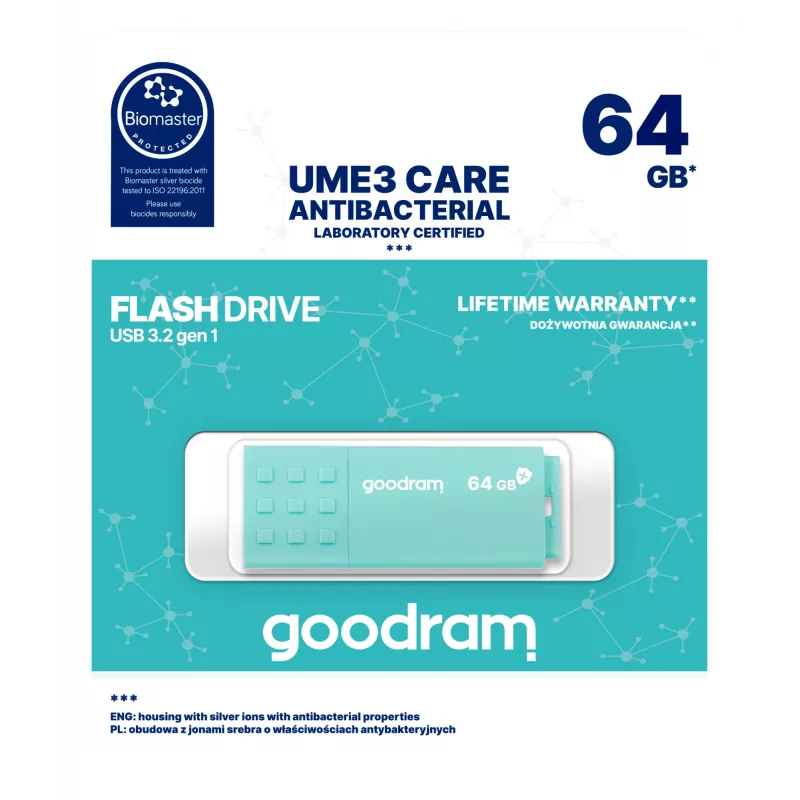 USB flash drive GOODRAM 64 GB USB Type-A 3.2 Gen 1 UME3, turquoise, read 60 MB/s, write 20 MB/s