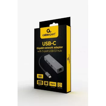 Docking adapter Gembird A-CMU3-LAN-01 — USB-C 3.2 Gen 1, 1× Gigabit LAN, 3× USB-A, metal housing, grey