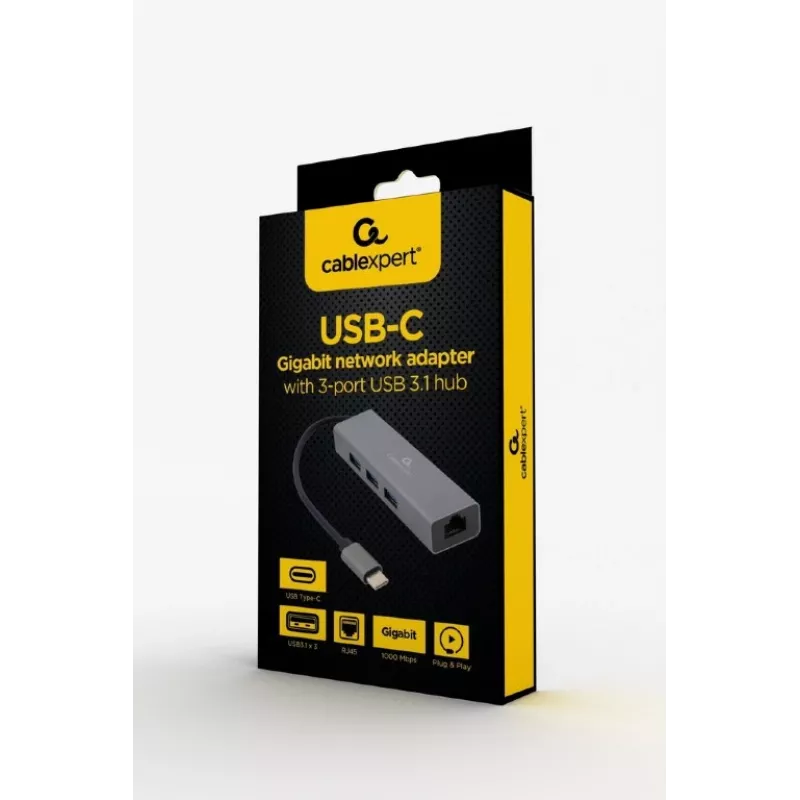 Docking adapter Gembird A-CMU3-LAN-01 — USB-C 3.2 Gen 1, 1× Gigabit LAN, 3× USB-A, metal housing, grey