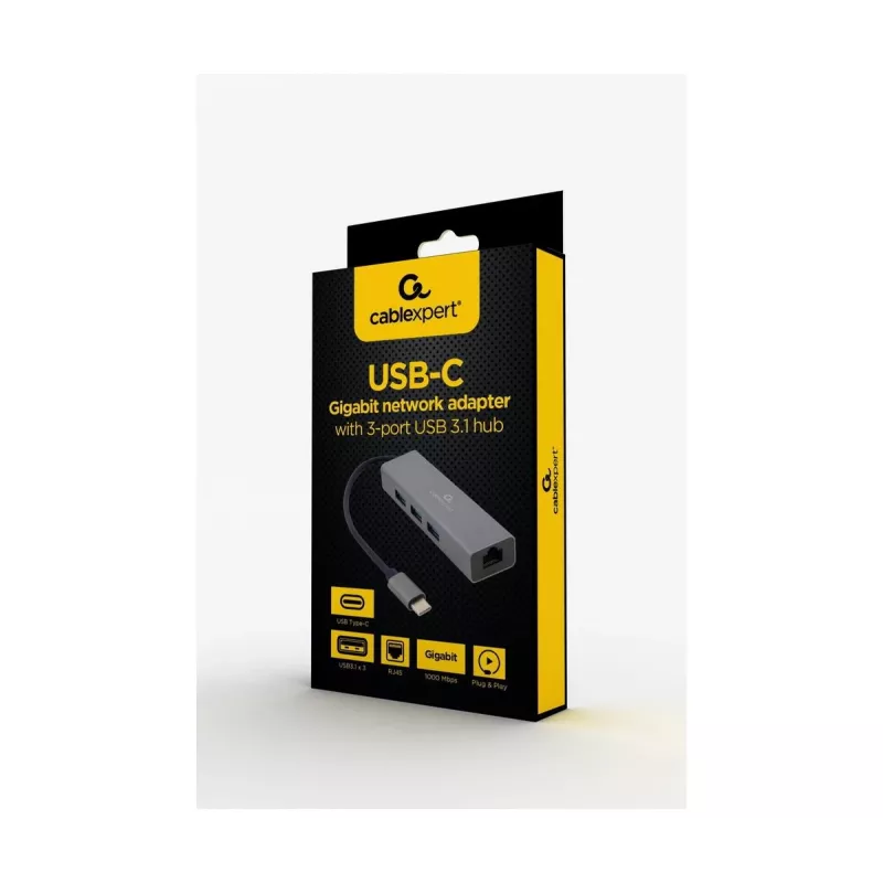 Docking adapter Gembird A-CMU3-LAN-01 — USB-C 3.2 Gen 1, 1× Gigabit LAN, 3× USB-A, metal housing, grey