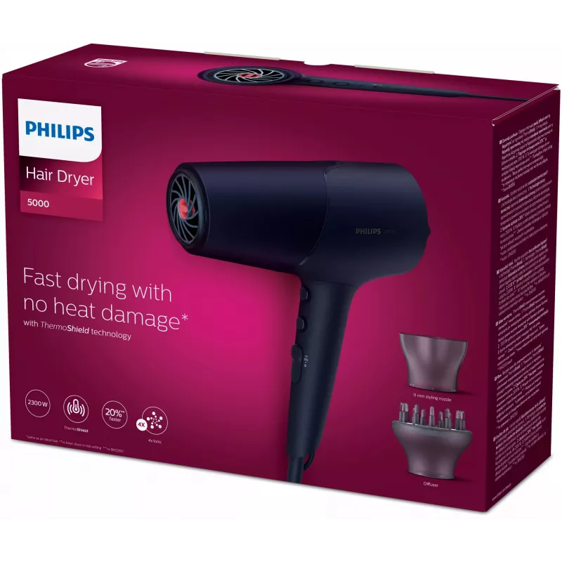 Hair dryer Philips 5000 series BHD510/00, 2300 W, 6 heat/6 speed, ionic, cool shot, concentrator & diffuser, navy, 1.8 m cord
