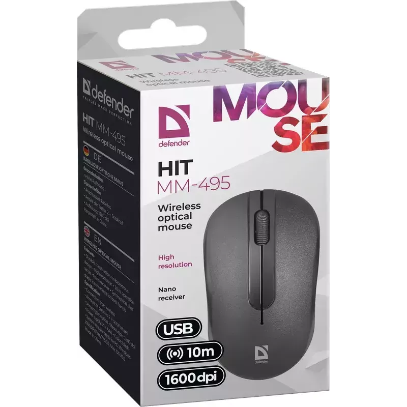 Wireless Optical Mouse DEFENDER HIT MM-495 RF, ambidextrous, 1600 DPI, USB RF receiver, black