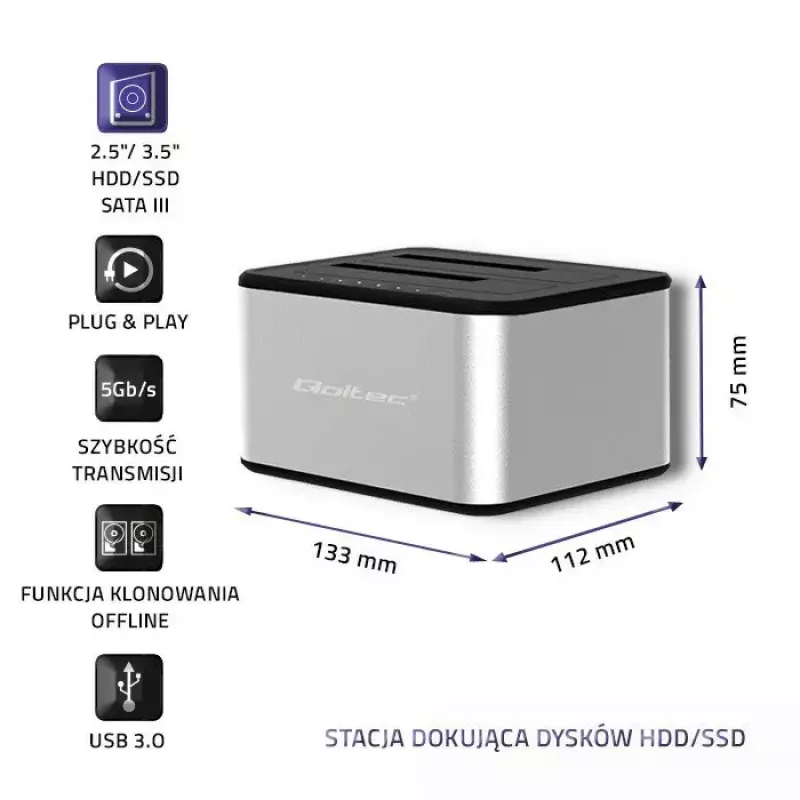 Docking station QOLTEC 5316 for 2x 2.5/3.5 inch HDD/SSD, SATA, USB 3.0 (5 Gb/s), aluminium housing
