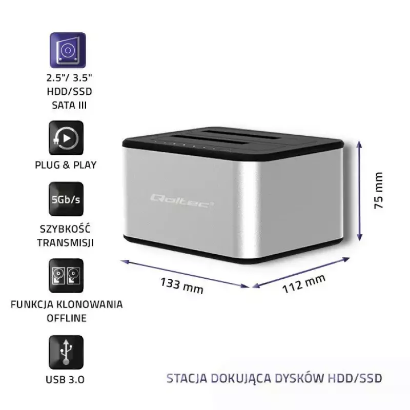 Docking station QOLTEC 5316 for 2x 2.5/3.5 inch HDD/SSD, SATA, USB 3.0 (5 Gb/s), aluminium housing