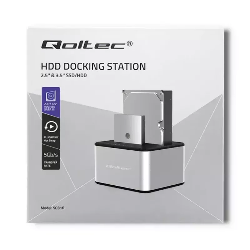 Docking station QOLTEC 5316 for 2x 2.5/3.5 inch HDD/SSD, SATA, USB 3.0 (5 Gb/s), aluminium housing