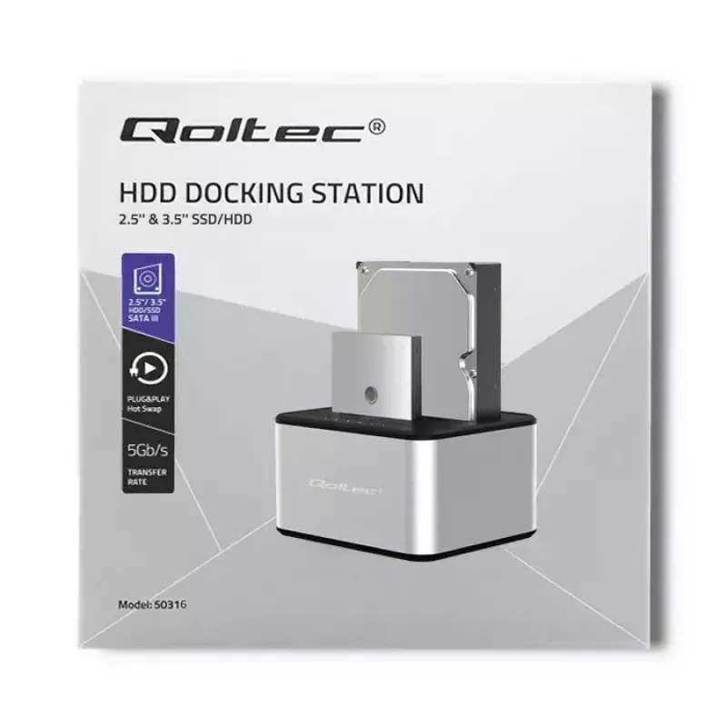 Docking station QOLTEC 5316 for 2x 2.5/3.5 inch HDD/SSD, SATA, USB 3.0 (5 Gb/s), aluminium housing