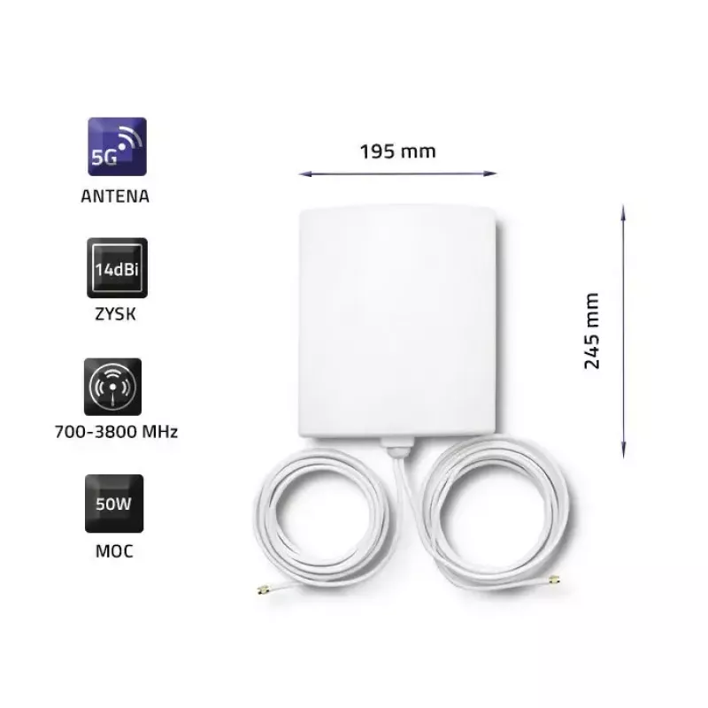 Outdoor directional 5G LTE antenna QOLTEC 57022 — 14 dBi, 700–3800 MHz, 50 Ω, copper housing