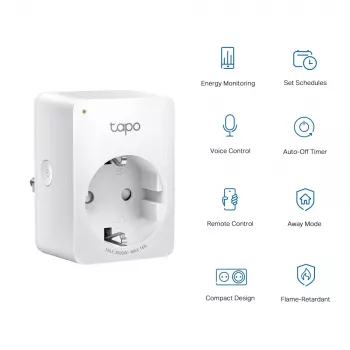 TP-Link Tapo Mini Smart Wi-Fi Socket, Energy Monitoring, Indoor, White, Home, Office, Status, Android, iOS, Wireless