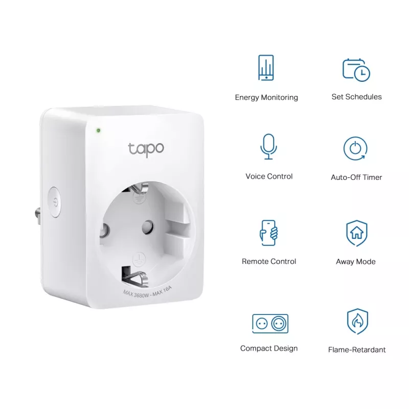 TP-Link Tapo Mini Smart Wi-Fi Socket, Energy Monitoring, Indoor, White, Home, Office, Status, Android, iOS, Wireless