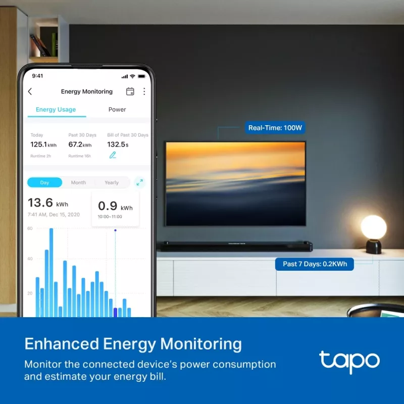 TP-Link Tapo Mini Smart Wi-Fi Socket, Energy Monitoring, Indoor, White, Home, Office, Status, Android, iOS, Wireless