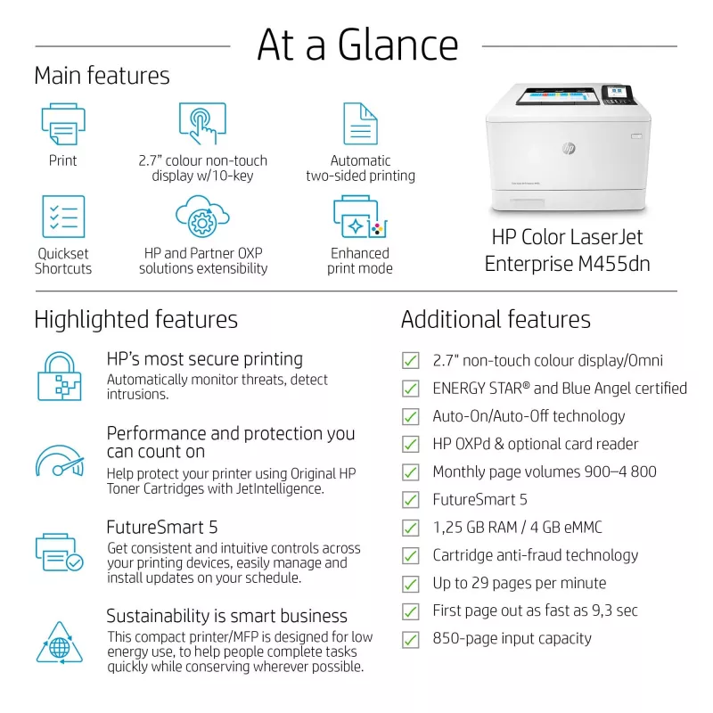 HP Color LaserJet Enterprise M455dn, Laser, Colour, 600 x 600 DPI, A4, 27 ppm, Duplex printing