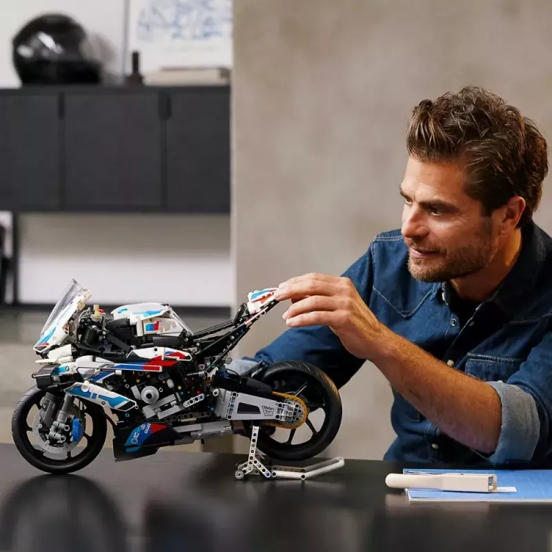 LEGO Technic motorcycle model BMW M1000RR 42130 with detailed engine and working suspension
