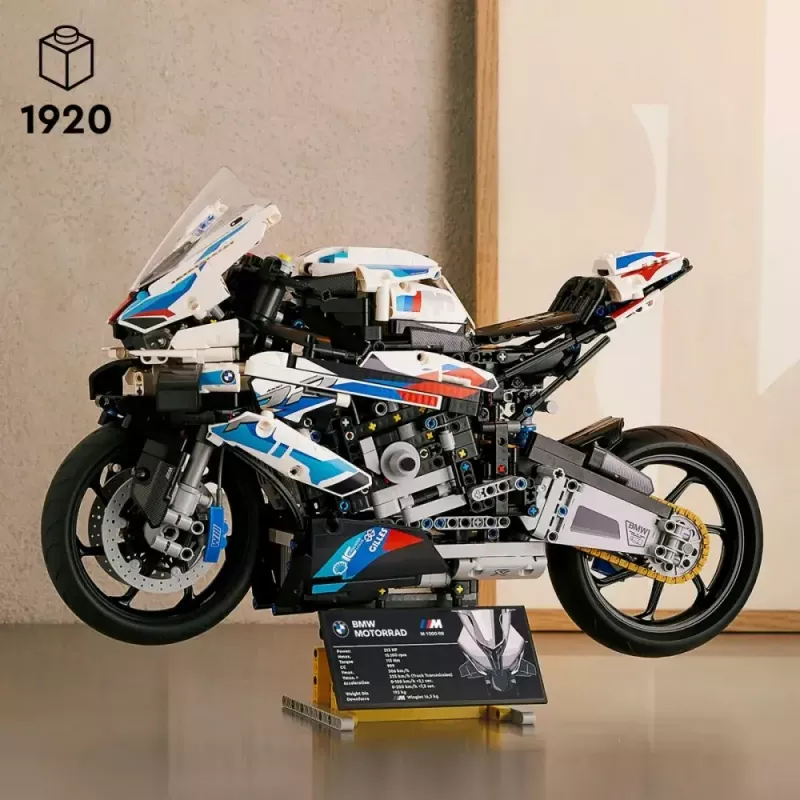 LEGO Technic motorcycle model BMW M1000RR 42130 with detailed engine and working suspension