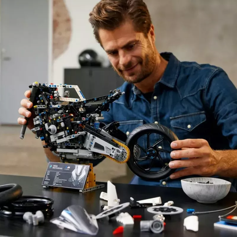 LEGO Technic motorcycle model BMW M1000RR 42130 with detailed engine and working suspension
