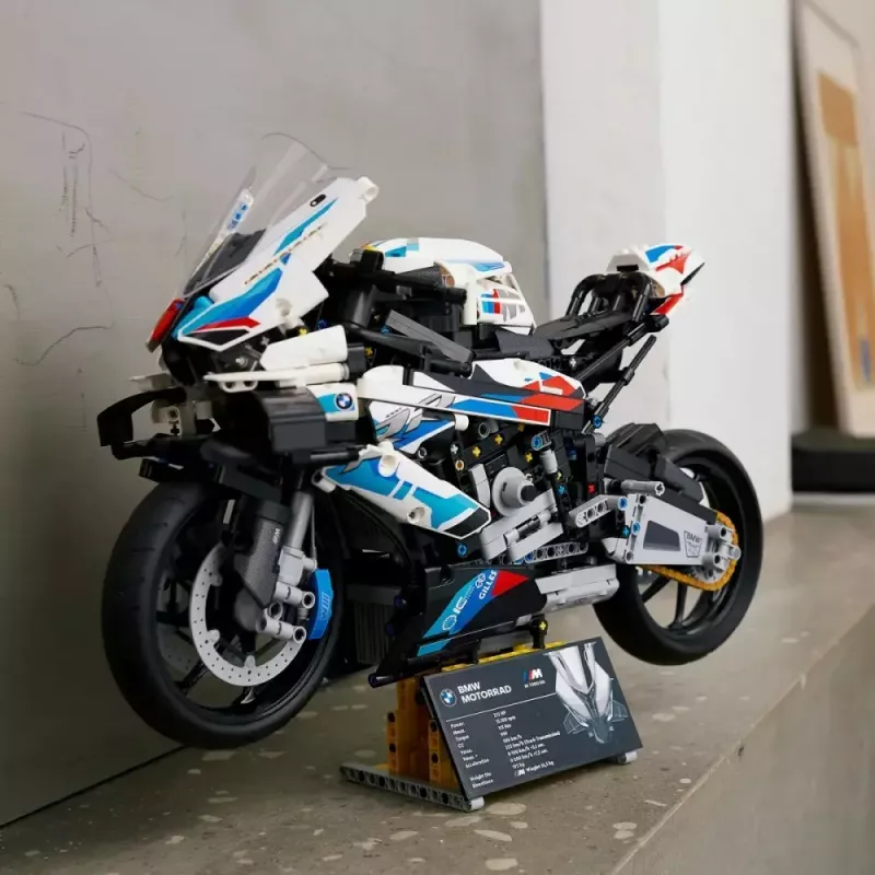 LEGO Technic motorcycle model BMW M1000RR 42130 with detailed engine and working suspension