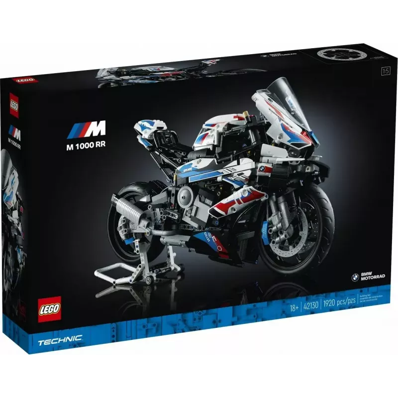 LEGO Technic motorcycle model BMW M1000RR 42130 with detailed engine and working suspension