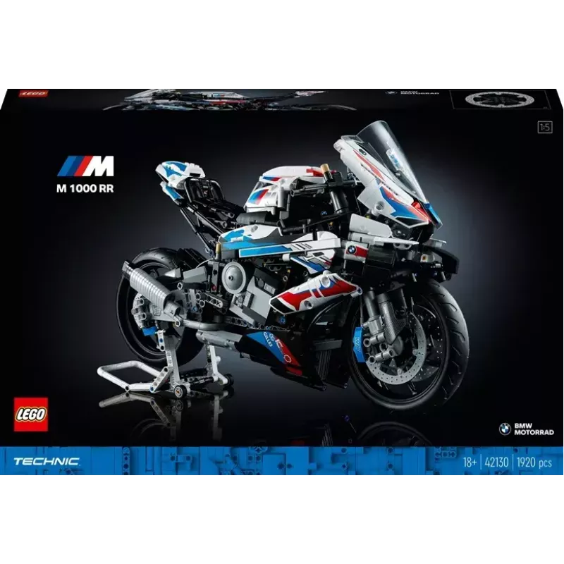 LEGO Technic motorcycle model BMW M1000RR 42130 with detailed engine and working suspension