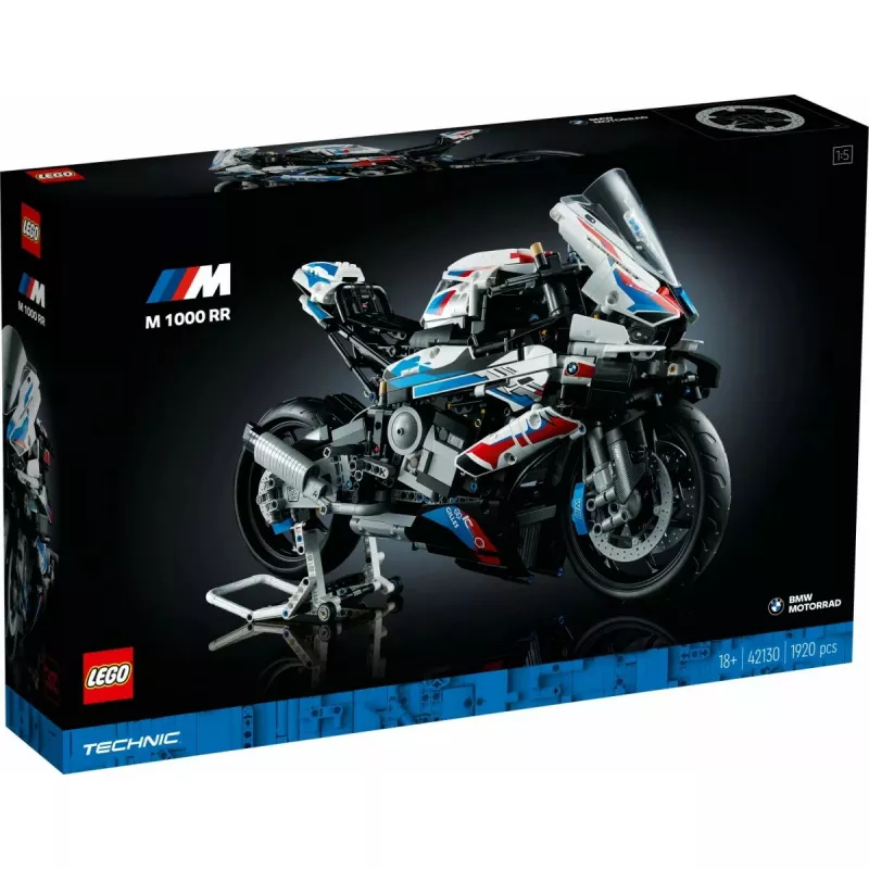 LEGO Technic motorcycle model BMW M1000RR 42130 with detailed engine and working suspension