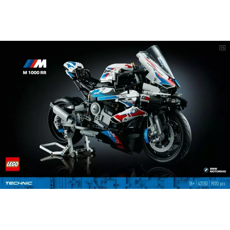 LEGO Technic motorcycle model BMW M1000RR 42130 with detailed engine and working suspension