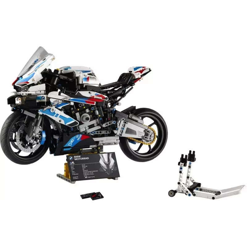 LEGO Technic motorcycle model BMW M1000RR 42130 with detailed engine and working suspension