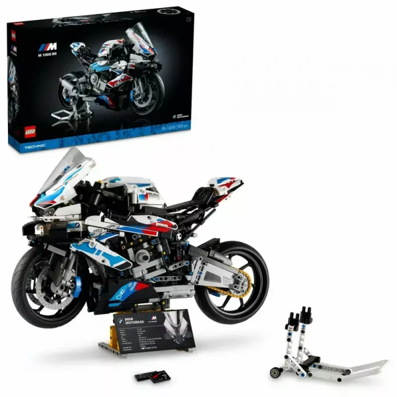 LEGO Technic motorcycle model BMW M1000RR 42130 with detailed engine and working suspension