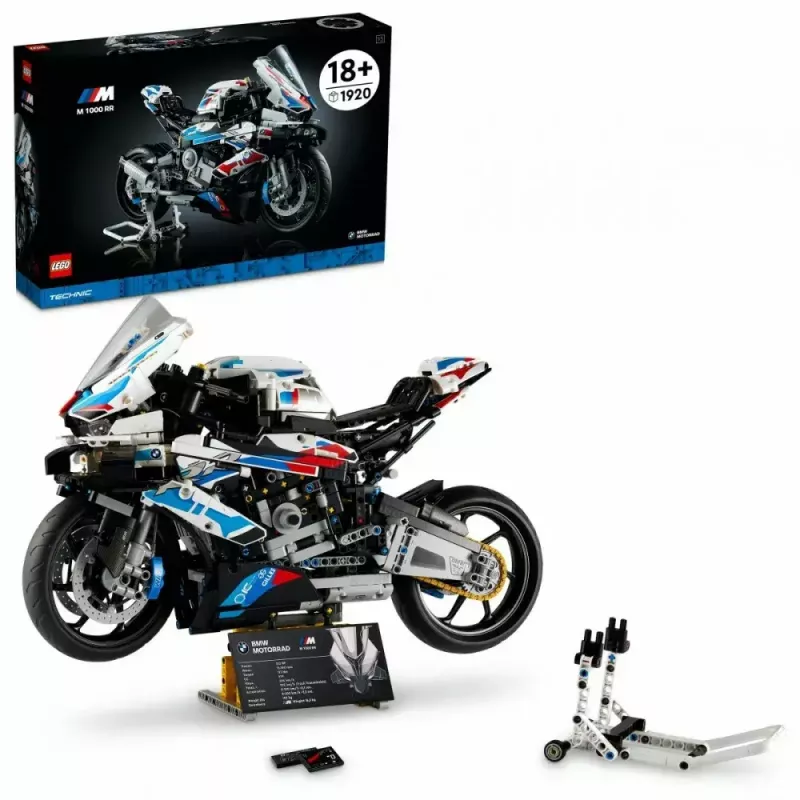 LEGO Technic motorcycle model BMW M1000RR 42130 with detailed engine and working suspension