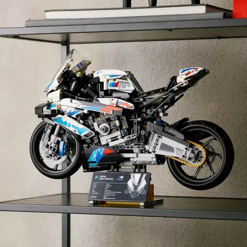 LEGO Technic motorcycle model BMW M1000RR 42130 with detailed engine and working suspension